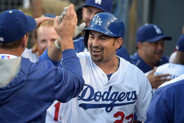 Jul 6, 2015; Los Angeles, CA, USA; Los Angeles Dodgers first baseman Adrian Gonzalez (23) celebrates with teammates after hitting a solo home run in the first inning against the Philadelphia Phillies at Dodger Stadium. Mandatory Credit: Kirby Lee-USA TODAY Sports