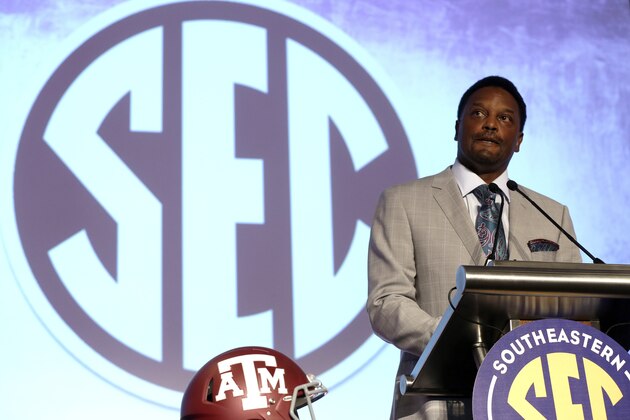 Texas A&M coach Kevin Sumlin speaks to the media at the Southeastern Conference NCAA college football media days, Tuesday, July 14, 2015, in Hoover, Ala. (AP Photo/Butch Dill)
