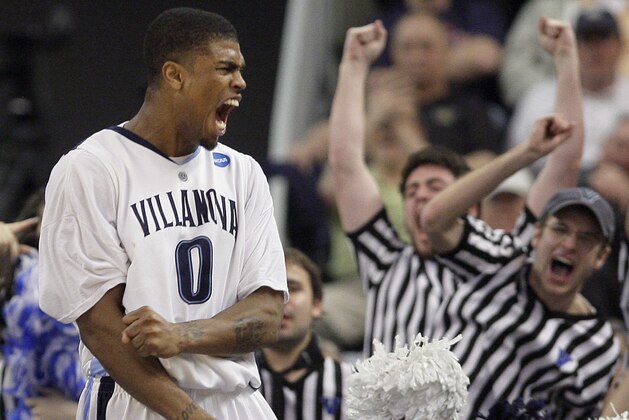 Villanova's Antonio Pena reacts to a made shot in front of the Villanova pep band during the second half of an NCAA second-round college basketball game against Saint Mary's in Providence, R.I., Saturday, March 20, 2010.  (AP Photo/Elise Amendola)