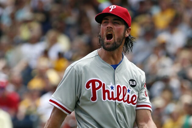 Philadelphia Phillies starting pitcher Cole Hamels walks to the dugout after pitching the fourth inning of a baseball game against the Pittsburgh Pirates in Pittsburgh, Sunday, June 14, 2015. The Pirates won 1-0 in 11-innings. (AP Photo/Gene J. Puskar)