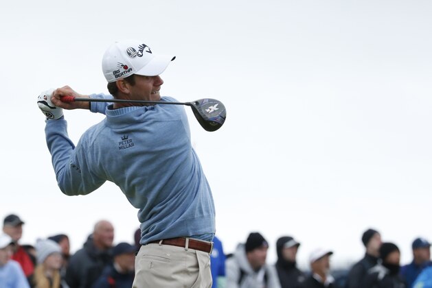 United States’ Harris English drives off the 17th tee during the first round of the British Open Golf Championship at the Old Course, St. Andrews, Scotland, Thursday, July 16, 2015. (AP Photo/Jon Super)