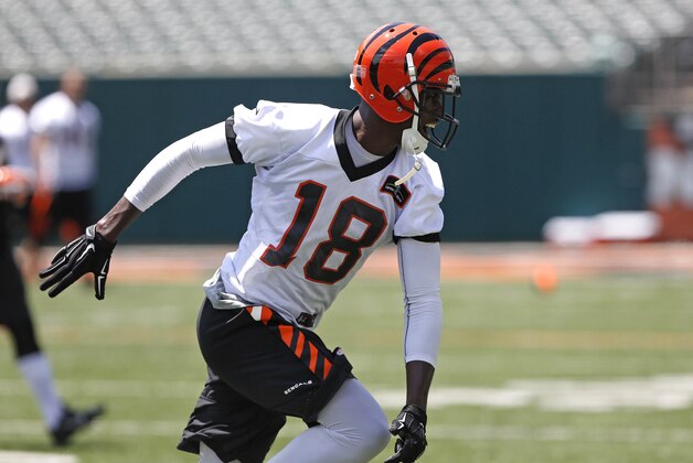 Jun 16, 2015; Cincinnati, OH, USA; Cincinnati Bengals wide receiver A.J. Green (18) runs drills during minicamp at Paul Brown Stadium. Mandatory Credit: Aaron Doster-USA TODAY Sports