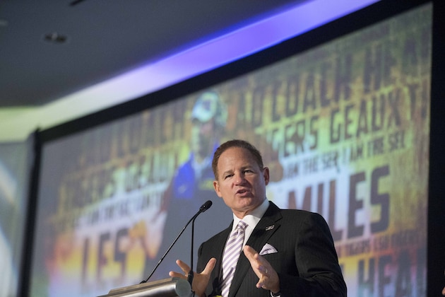 LSU coach Les Miles speaks to the media at the Southeastern Conference NCAA college football media days, Thursday, July 16, 2015, in Hoover, Ala. (AP Photo/Brynn Anderson)