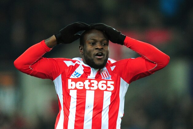 Stokes' Victor Moses during the English Premier League soccer match between Stoke City and Manchester City at the Britannia Stadium, in Stoke on Trent, England, Wednesday, Feb. 11, 2015. (AP Photo/Rui Vieira)