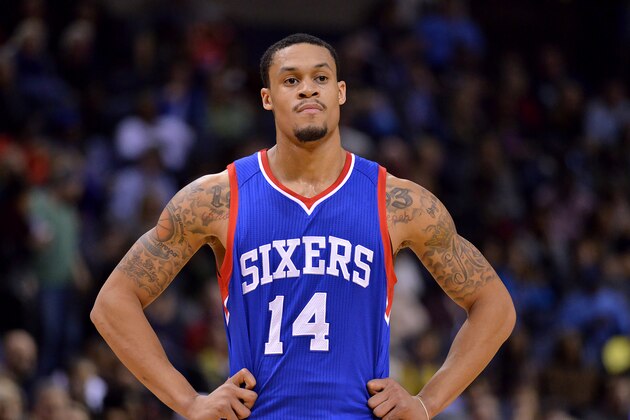 Philadelphia 76ers guard K.J. McDaniels (14) plays in the first half of an NBA basketball game Saturday, Jan. 24, 2015, in Memphis, Tenn. (AP Photo/Brandon Dill)