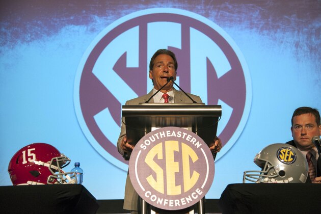 Jul 15, 2015; Birmingham, AL, USA; Alabama Crimson Tide head coach Nick Saban speaks at SEC media days at the Wynfrey Hotel. Mandatory Credit: Shanna Lockwood-USA TODAY Sports