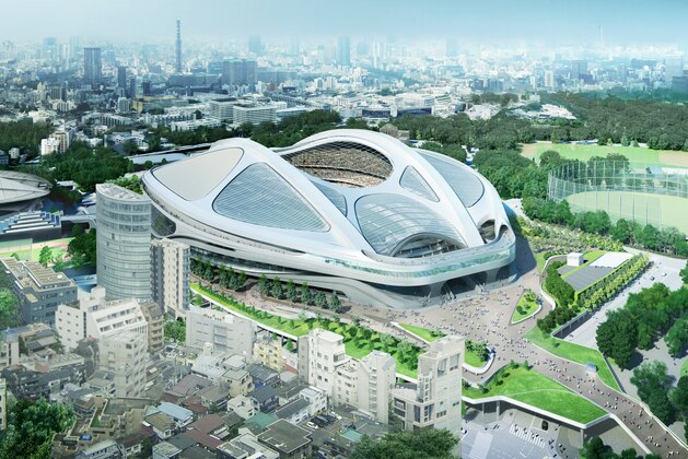 This artist's rendering released by Japan Sport Council in July 2015 shows the image of the Olympic stadium planned for the 2020 Tokyo Games. The Olympic stadium will be redone because of spiraling costs, Japan Prime Minister Shinzo Abe said on Friday, July 17, 2015 in a major reversal. (Japan Sport Council via AP)