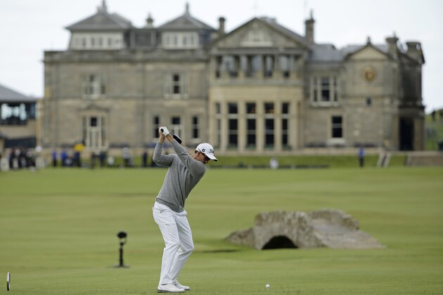 Australia’s Adam Scott drives the ball from the 18th tee during the second round of the British Open Golf Championship at the Old Course, St. Andrews, Scotland, Friday, July 17, 2015. (AP Photo/David J. Phillip)