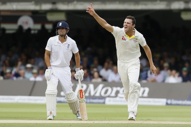 Australia's Josh Hazlewood, right, runs past Alastair Cook to celebrate taking the wicket of England's Ian Bell on the second day of the second Ashes Test match between England and Australia, at Lord's cricket ground in London, Friday, July 17, 2015. (AP Photo/Kirsty Wigglesworth) Australia's Josh Hazlewood, right, runs past Alastair Cook to celebrate taking the wicket of England's Ian Bell on the second day of the second Ashes Test match between England and Australia, at Lord's cricket ground in London, Friday, July 17, 2015. (AP Photo/Kirsty Wigglesworth)