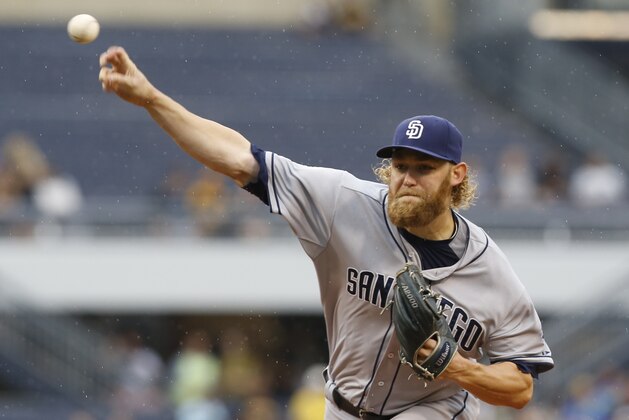 San Diego Padres starting pitcher Andrew Cashner (34) throws against the Pittsburgh Pirates in the first inning of the baseball game between the Pittsburgh Pirates and the San Diego Padres, Wednesday, July 8, 2015, in Pittsburgh. (AP Photo/Keith Srakocic)