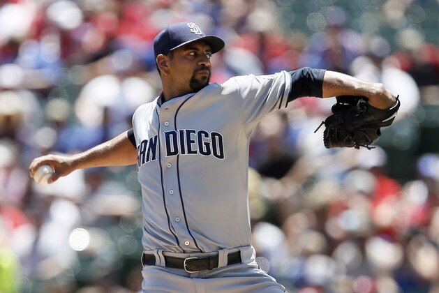 San Diego Padres starting pitcher Tyson Ross works against the Texas Rangers in the first inning of an interleague baseball game, Sunday, July 12, 2015, in Arlington, Texas. (AP Photo/Tony Gutierrez)