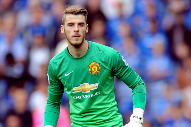 Manchester United's David De Gea during the English Premier League soccer match between Leicester City and Manchester United at King Power Stadium, in Leicester, England, Sunday, Sept. 21, 2014.  (AP Photo/Rui Vieira)