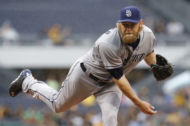 San Diego Padres starting pitcher Andrew Cashner (34) throws against the Pittsburgh Pirates in the first inning of the baseball game between the Pittsburgh Pirates and the San Diego Padres, Wednesday, July 8, 2015, in Pittsburgh. (AP Photo/Keith Srakocic)