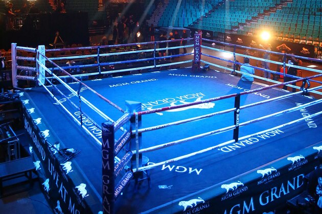 May 1, 2015; Las Vegas, NV, USA; Overall view of the empty boxing ring at the MGM Grand Garden Arena following weigh-ins for the upcoming boxing fight between Floyd Mayweather against Manny Pacquiao. Mandatory Credit: Mark J. Rebilas-USA TODAY Sports