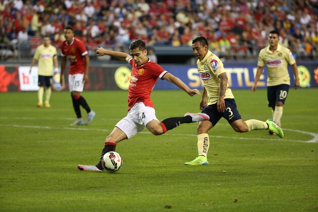 Andreas Pereira #44 shoots on goal at the International Champions Cup match between  Club America v Manchester United  on Friday, July. 17, 2015, at  CenturyLink Field in Seattle, WA . Tom Hauck/AP Images for Relevant Sports