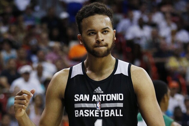 San Antonio Spurs’ Kyle Anderson reacts after a play against the Boston Celtics during the second half of an NBA summer league basketball game Saturday, July 18, 2015, in Las Vegas. (AP Photo/John Locher)