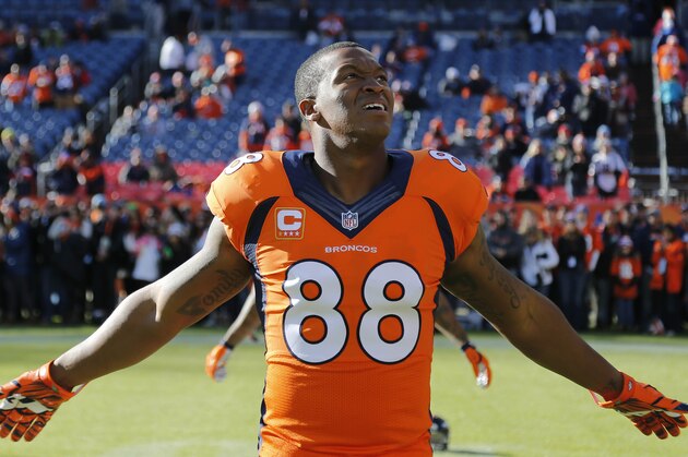 Denver Broncos wide receiver Demaryius Thomas (88) stretches prior to an NFL football game against the Oakland Raiders, Sunday, Dec. 28, 2014, in Denver. (AP Photo/Jack Dempsey)