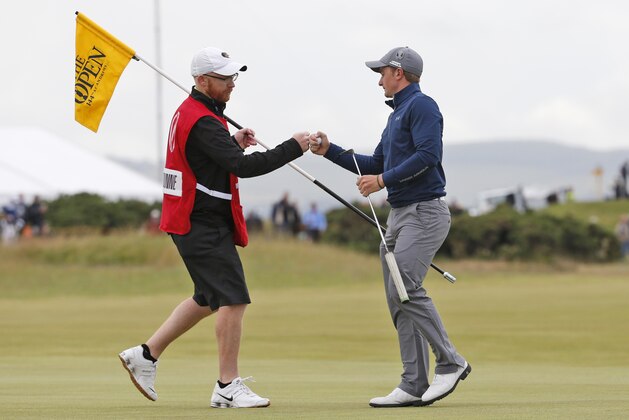 Ireland’s Paul Dunne after a birdie on the ninth green during the third round at the British Open Golf Championship at the Old Course, St. Andrews, Scotland, Sunday, July 19, 2015. (AP Photo/Jon Super)