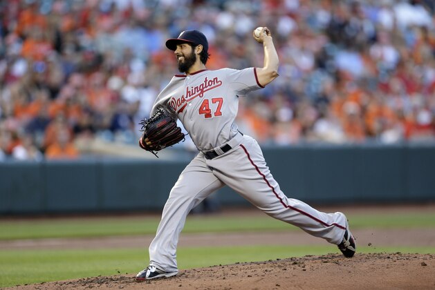 Washington Nationals starting pitcher Gio Gonzalez throws to the Baltimore Orioles during an interleague baseball game, Friday, July 10, 2015, in Baltimore. (AP Photo/Patrick Semansky)