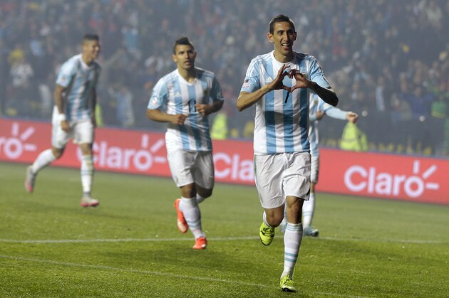 Argentina's Angel Di Maria, right, celebrates after scoring his second goal and his team's fourth against Paraguay during a Copa America semifinal soccer match at the Ester Roa Rebolledo Stadium in Concepcion, Chile, Tuesday, June 30, 2015. (AP Photo/Ricardo Mazalan) Argentina's Angel Di Maria, right, celebrates after scoring his second goal and his team's fourth against Paraguay during a Copa America semifinal soccer match at the Ester Roa Rebolledo Stadium in Concepcion, Chile, Tuesday, June 30, 2015. (AP Photo/Ricardo Mazalan)
