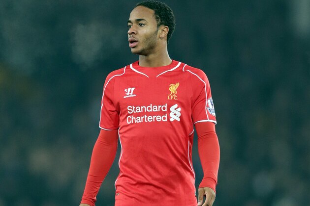 Liverpool's Raheem Sterling during their English Premier League soccer match against Everton at Goodison Park in Liverpool, England, Saturday Feb. 7, 2015. (AP Photo/Clint Hughes)