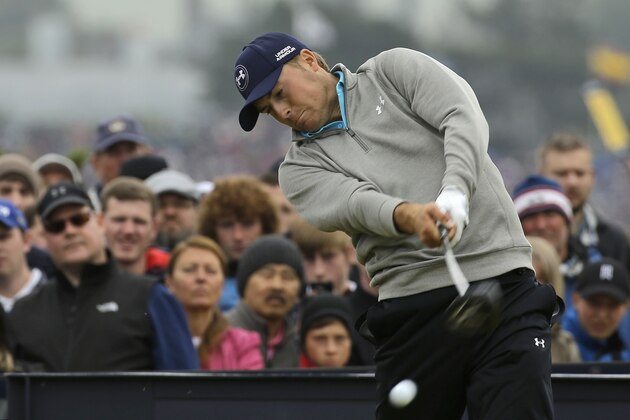 United States’ Jordan Spieth drives a ball from the fourth tee during the final round at the British Open Golf Championship at the Old Course, St. Andrews, Scotland, Monday, July 20, 2015. (AP Photo/David J. Phillip)