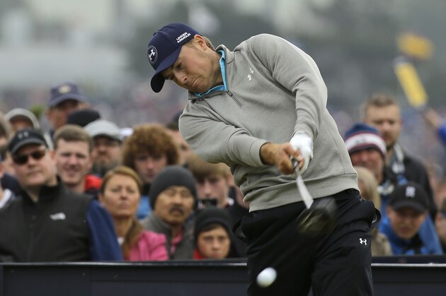 United States’ Jordan Spieth drives a ball from the fourth tee during the final round at the British Open Golf Championship at the Old Course, St. Andrews, Scotland, Monday, July 20, 2015. (AP Photo/David J. Phillip)