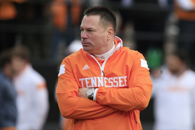 Tennessee head coach Butch Jones watches his players warm up before an NCAA college football game against Vanderbilt Saturday, Nov. 29, 2014, in Nashville, Tenn. (AP Photo/Mark Humphrey) Tennessee head coach Butch Jones watches his players warm up before an NCAA college football game against Vanderbilt Saturday, Nov. 29, 2014, in Nashville, Tenn. (AP Photo/Mark Humphrey)