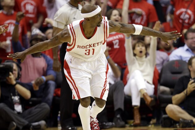 Houston Rockets guard Jason Terry (31) celebrates against the Golden State Warriors during the second half in Game 4 of the NBA basketball Western Conference finals Monday, May 25, 2015, in Houston. (AP Photo/David J. Phillip)