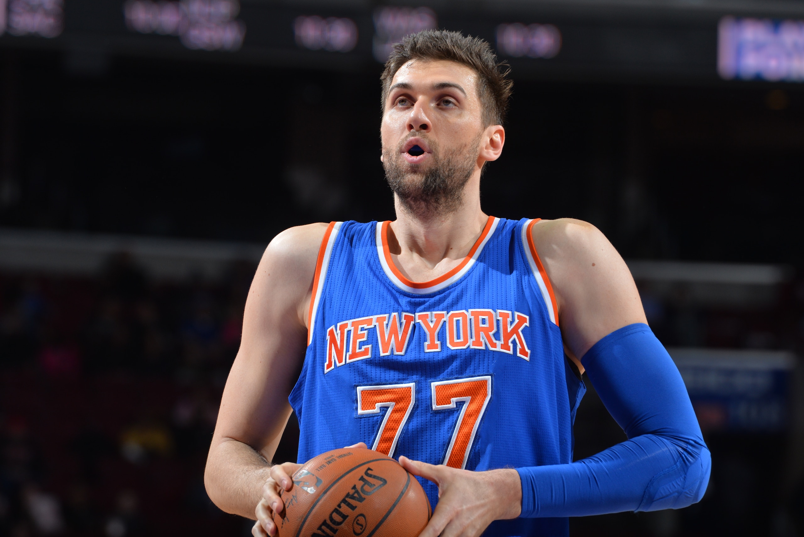 PHILADELPHIA,PA - MARCH 20: Andrea Bargnani #77 of the New York Knicks composes himself prior to shooting a foul shot against the Philadelphia 76ers at Wells Fargo Center on March 20, 2015 in Philadelphia, Pennsylvania NOTE TO USER: User expressly acknowledges and agrees that, by downloading and/or using this Photograph, user is consenting to the terms and conditions of the Getty Images License Agreement. Mandatory Copyright Notice: Copyright 2015 NBAE (Photo by Jesse D. Garrabrant/NBAE via Getty Images)