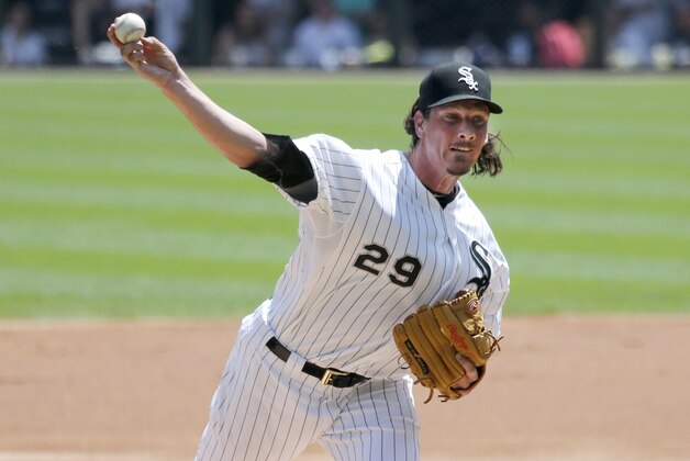 Chicago White Sox starting pitcher Jeff Samardzija delivers during the first inning of a baseball game against the Kansas City Royals Friday, July 17, 2015, in Chicago. (AP Photo/Charles Rex Arbogast)