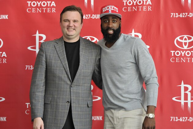 HOUSTON, TX - OCTOBER 29: General Manager Daryl Morey and James Harden of the Houston Rockets poses for a photo as Harden is introduced to the media on October 29, 2012 at Toyota Center in Houston, Texas. NOTE TO USER: User expressly acknowledges and agrees that, by downloading and/or using this photograph, user is consenting to the terms and conditions of the Getty Images License Agreement.  Mandatory Copyright Notice: Copyright 2012 NBAE (Photo by Bill Baptist/NBAE via Getty Images)