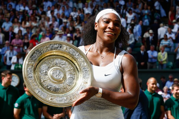 LONDON, ENGLAND - JULY 11:  Serena Williams of United States celebrates with the trophy after winning the Final of the Ladies Singles against Garbine Muguruza of Spain during the day twelve of the Wimbledon Lawn Tennis Championships at the All England Lawn Tennis and Croquet Club on July 11, 2015 in London, England.  (Photo by Julian Finney/Getty Images)