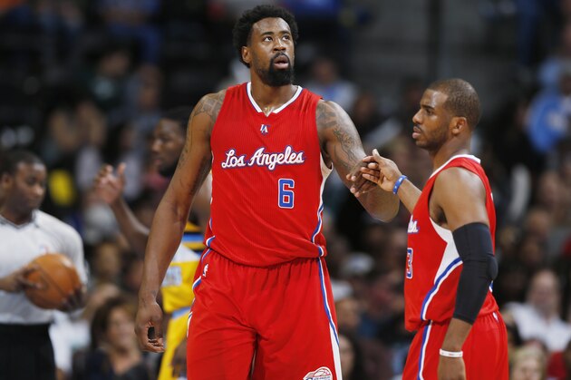 Los Angeles Clippers center DeAndre Jordan (6), left, is congratulated by Los Angeles Clippers guard Chris Paul (3) while facing the Denver Nuggets in the third quarter of an NBA basketball game Saturday, April 4, 2015, in Denver. The Clippers won 107-92. (AP Photo/David Zalubowski) Los Angeles Clippers center DeAndre Jordan (6), left, is congratulated by Los Angeles Clippers guard Chris Paul (3) while facing the Denver Nuggets in the third quarter of an NBA basketball game Saturday, April 4, 2015, in Denver. The Clippers won 107-92. (AP Photo/David Zalubowski)
