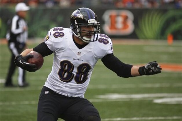 Baltimore Ravens tight end Dennis Pitta (88) runs against the Cincinnati Bengals in the first half of an NFL football game, Sunday, Dec. 29, 2013, in Cincinnati. (AP Photo/David Kohl)
