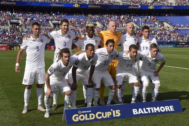 The U.S. team poses for a team picture before a CONCACAF Gold Cup soccer quarterfinal against Cuba, Saturday, July 18, 2015, in Baltimore.(AP Photo/Nick Wass)