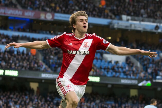 Middlesbrough's Patrick Bamford celebrates after scoring during the English FA Cup fourth round soccer match between Manchester City and Middlesbrough at the Etihad Stadium, Manchester, England, Saturday, Jan. 24, 2015. (AP Photo/Jon Super)