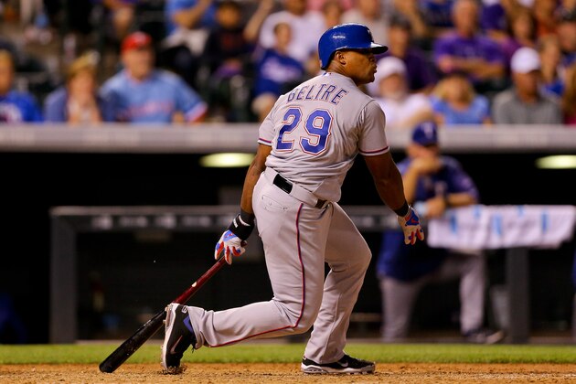 DENVER, CO - JULY 20:  Adrian Beltre #29 of the Texas Rangers watches his RBI double in the seventh inning against the Colorado Rockies during interleague play at Coors Field on July 20, 2015 in Denver, Colorado. The Rockies defeated the Rangers 8-7. (Photo by Justin Edmonds/Getty Images)