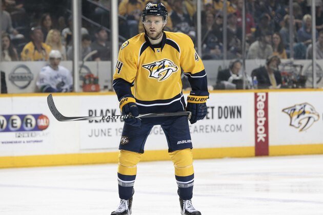 Nashville Predators defenseman Cody Franson plays against the Vancouver Canucks in the third period of an NHL hockey game Tuesday, March 31, 2015, in Nashville, Tenn. (AP Photo/Mark Humphrey)