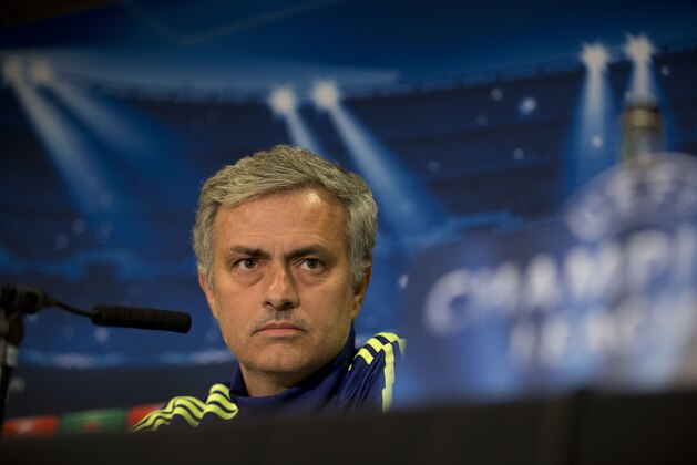 Chelsea's head coach Jose Mourinho gives a press conference ahead of their Champions League round of 16 second leg soccer match against Paris Saint-Germain  at Stamford Bridge stadium in London, Tuesday, March 10, 2015.  The teams go into the match at the stadium on Wednesday with a first-leg score of 1-1.  (AP Photo/Matt Dunham)