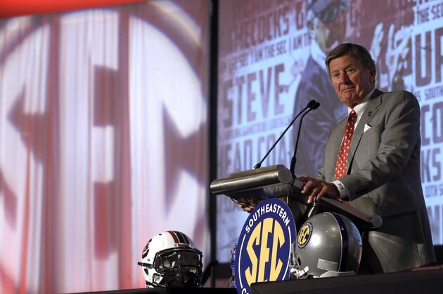 South Carolina coach Steve Spurrier speaks to the media at the Southeastern Conference NCAA college football media days, Tuesday, July 14, 2015, in Hoover, Ala. (AP Photo/Butch Dill)