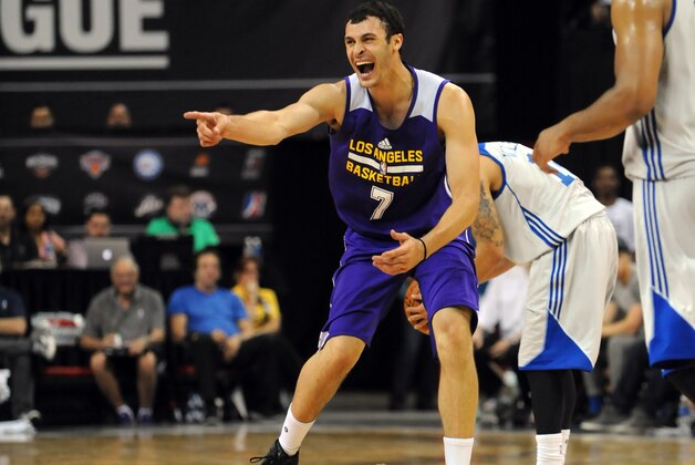 Jul 11, 2015; Las Vegas, NV, USA; Los Angeles Lakers forward Larry Nance, Jr. (7) reacts after a play during an NBA Summer League game against the Philadelphia 76ers at Thomas & Mack Center. The Lakers won 68-60. Mandatory Credit: Stephen R. Sylvanie-USA TODAY Sports
