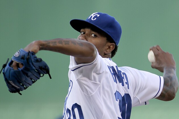 Kansas City Royals starting pitcher Yordano Ventura throws during the first inning of a baseball game against the Pittsburgh Pirates, Monday, July 20, 2015, in Kansas City, Mo. (AP Photo/Charlie Riedel)