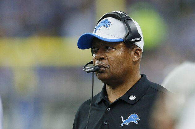 Detroit Lions head coach Jim Caldwell is seen on the sidelines during the first half of an NFL football game against the New Orleans Saints in Detroit, Sunday, Oct. 19, 2014. (AP Photo/Rick Osentoski)