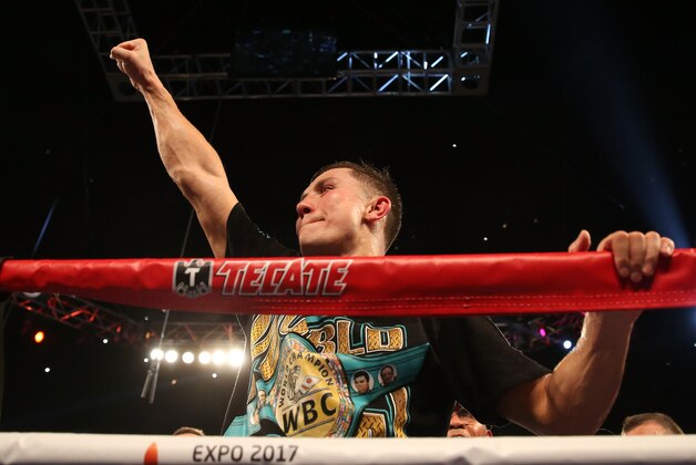 INGLEWOOD, CA - MAY 16:  Gennady Golovkin celebrates after defeating Willie Monroe Jr. in their World Middleweight Championship fight at The Forum on May 16, 2015 in Inglewood, California.  Golovkin won on a TKO in the sixth round.  (Photo by Stephen Dunn/Getty Images)