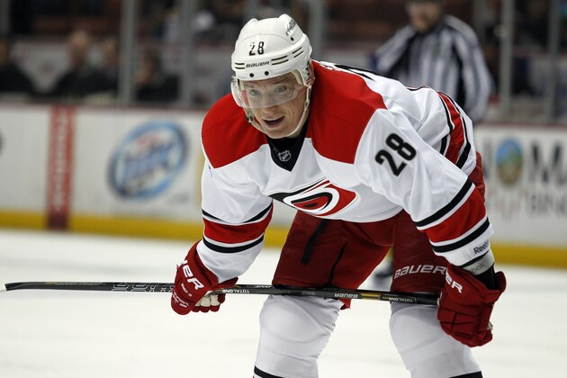 Carolina Hurricanes right wing Alexander Semin (28), of Russia waits for play to continue during the first period of an NHL hockey game against the Anaheim Ducks Sunday, March 2, 2014, in Anaheim, Calif. (AP Photo/Alex Gallardo)