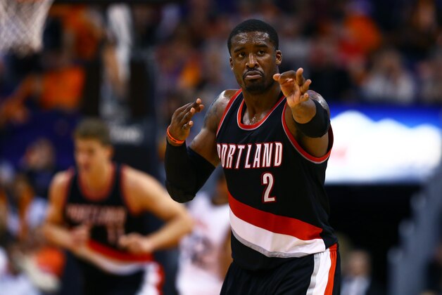 Jan 21, 2015; Phoenix, AZ, USA; Portland Trail Blazers guard Wesley Matthews (2) celebrates a three point shot against the Phoenix Suns at US Airways Center. The Suns defeated the Blazers 118-113. Mandatory Credit: Mark J. Rebilas-USA TODAY Sports