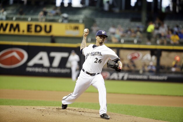 Milwaukee Brewers starting pitcher Kyle Lohse throws during the first inning of a baseball game against the Atlanta Braves Monday, July 6, 2015, in Milwaukee. (AP Photo/Morry Gash)