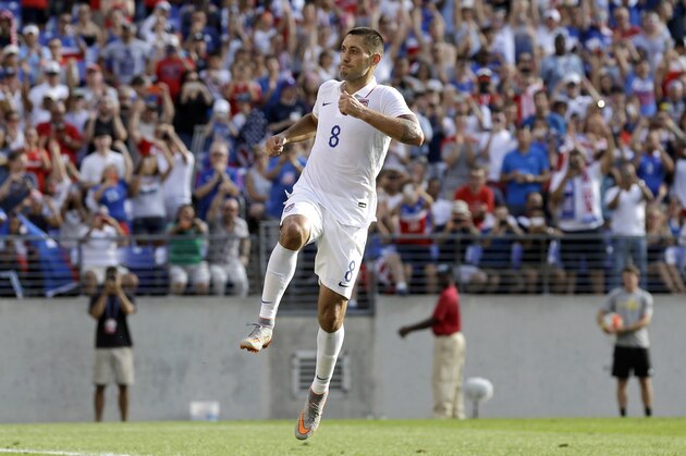 United States' Clint Dempsey celebrates after scoring a goal on a penalty kick during the second half of a CONCACAF Gold Cup soccer quarterfinal against Cuba, Saturday, July 18, 2015, in Baltimore. The United States won 6-0. (AP Photo/Patrick Semansky)