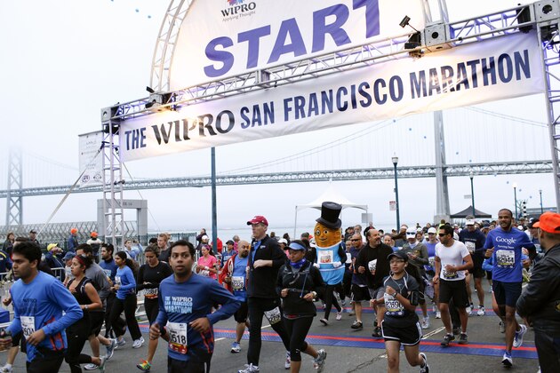 COMMERCIAL IMAGE - In this photograph taken by AP Images for PLANTERS, Mr. Peanut runs in his first marathon at the Wipro San Francisco Marathon in San Francisco, Sunday, July 29, 2012.  (Alison Yin/AP Images for PLANTERS)